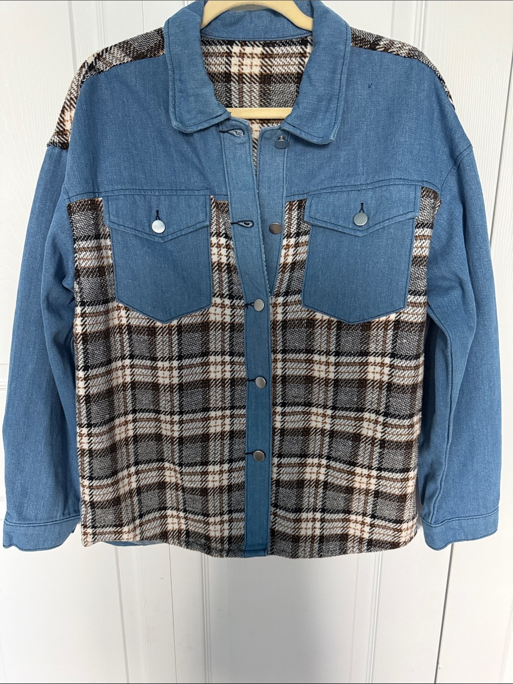 Denim & Plaid Shacket Jacket - Blue
